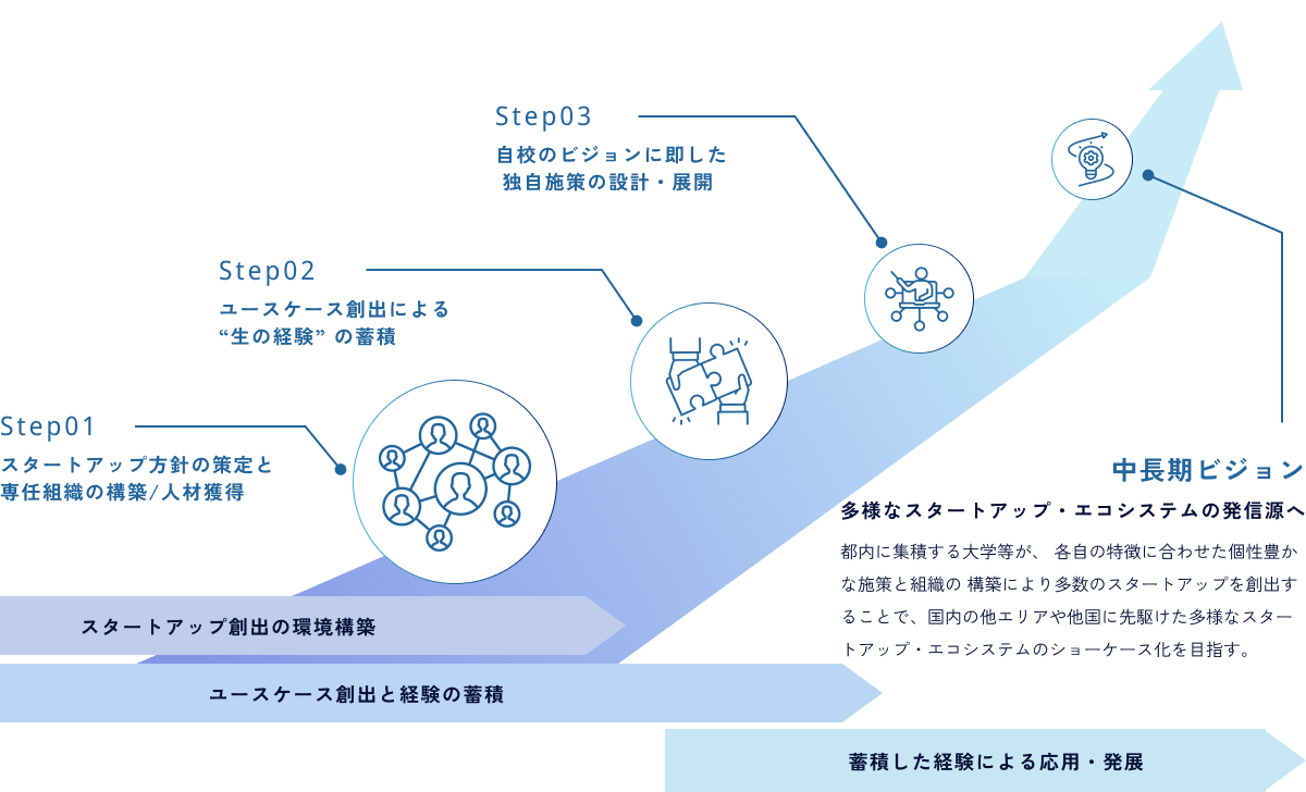 Step01 スタートアップ方針の策定と専任組織の構築/人材獲得　Step02 ユースケース創出による“生の経験” の蓄積　Step03 自校のビジョンに即した 独自施策の設計・展開　中長期ビジョン 多様なスタートアップ・エコシステムの発信源へ 都内に集積する大学等が、 各自の特徴に合わせた個性豊かな施策と組織の 構築により多数のスタートアップを創出することで、国内の他エリアや他国に先駆けた多様なスタートアップ・エコシステムのショーケース化を目指す。　「スタートアップ創出の環境構築」「ユースケース創出と経験の蓄積」「蓄積した経験による応用・発展」