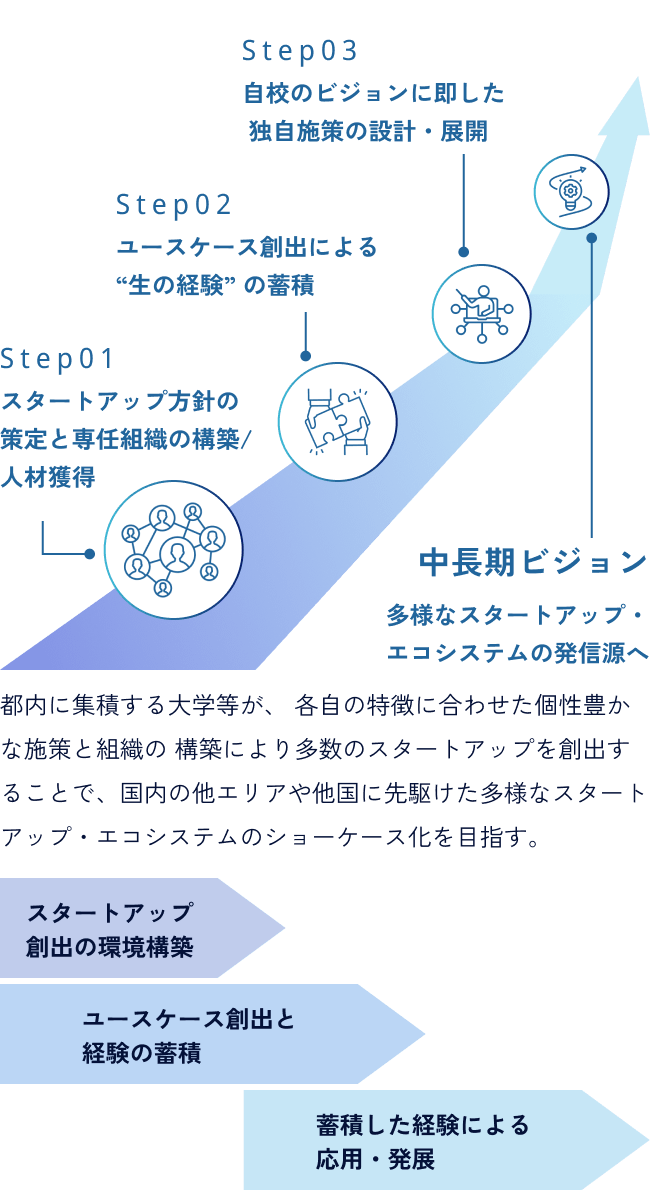 Step01 スタートアップ方針の策定と専任組織の構築/人材獲得　Step02 ユースケース創出による“生の経験” の蓄積　Step03 自校のビジョンに即した 独自施策の設計・展開　中長期ビジョン 多様なスタートアップ・エコシステムの発信源へ 都内に集積する大学等が、 各自の特徴に合わせた個性豊かな施策と組織の 構築により多数のスタートアップを創出することで、国内の他エリアや他国に先駆けた多様なスタートアップ・エコシステムのショーケース化を目指す。　「スタートアップ創出の環境構築」「ユースケース創出と経験の蓄積」「蓄積した経験による応用・発展」